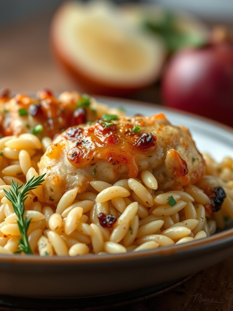 French Onion Chicken Orzo Casserole