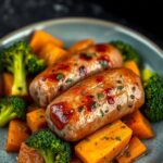 Honey Garlic Sheet Pan Sausage and Sweet Potatoes with Broccoli