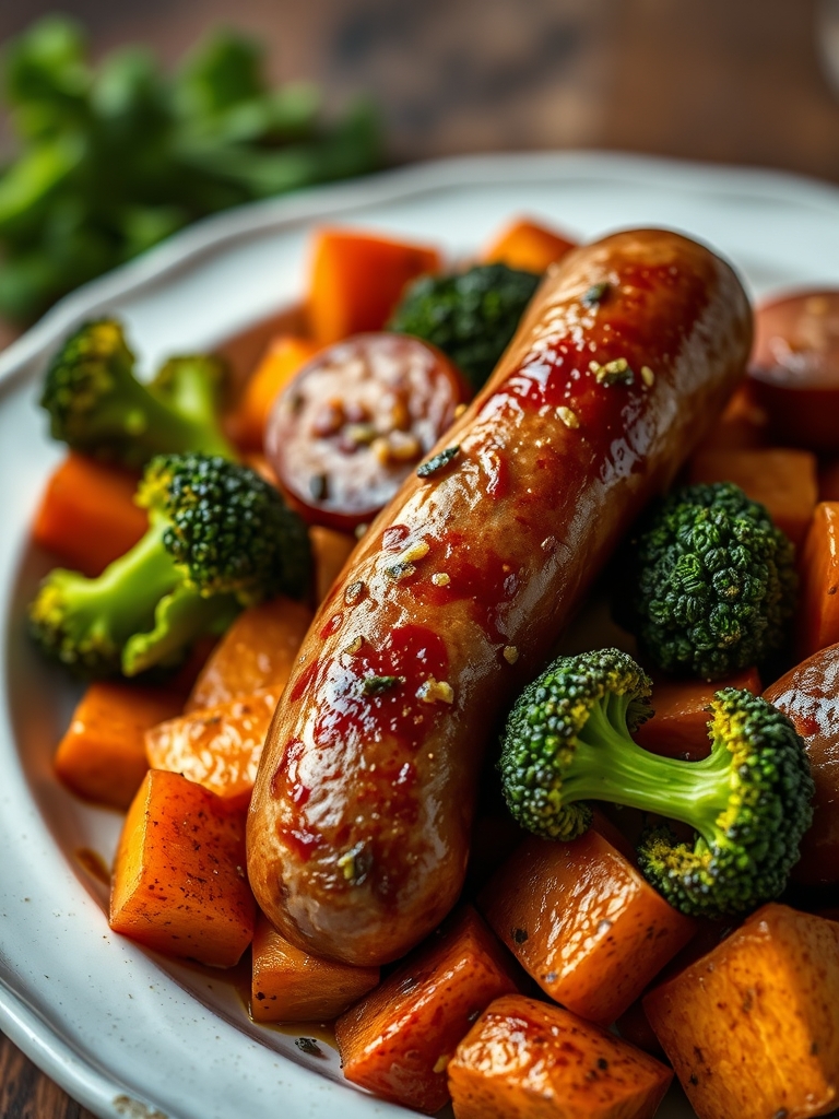 Honey Garlic Sheet Pan Sausage and Sweet Potatoes with Broccoli