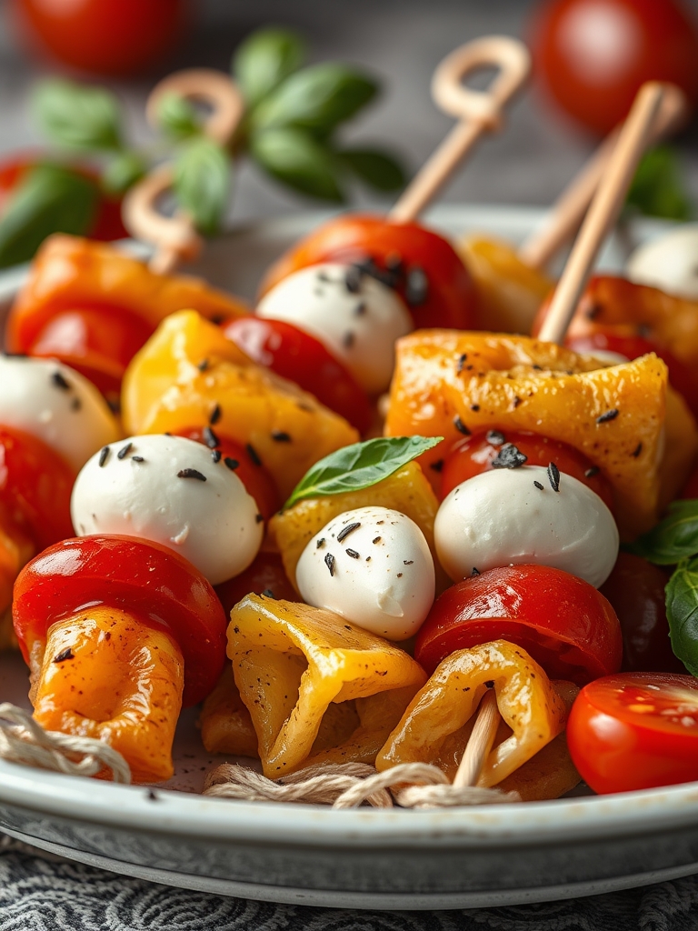 Italian Antipasto Skewers with Marinated Tortellini and Mozzarella
