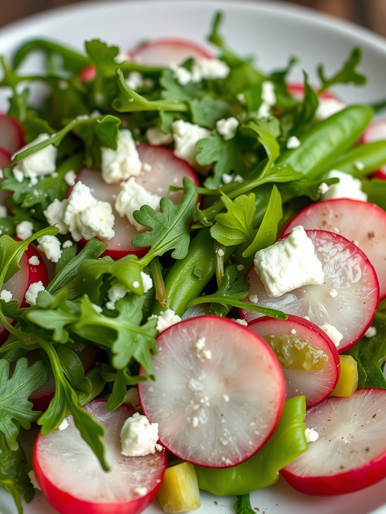 Sugar Snap Pea Salad with Radishes Feta and Arugula