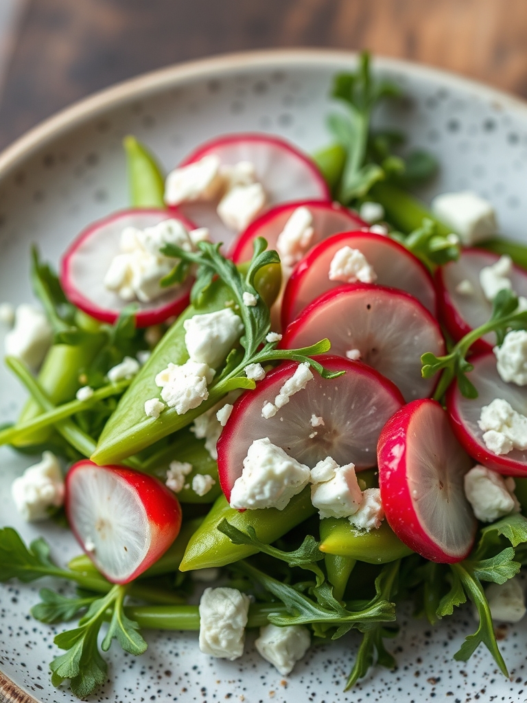 Sugar Snap Pea Salad with Radishes Feta and Arugula