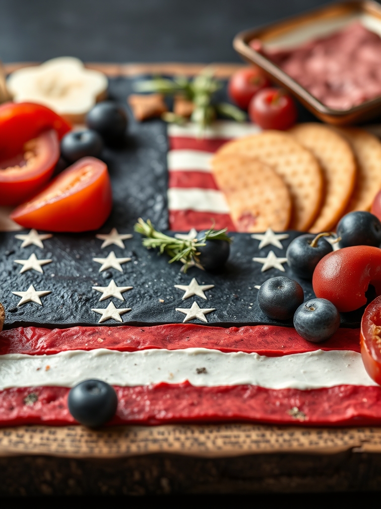 American Flag Snack Tray Charcuterie: 7 Easy Steps for a Festive Recipe 3 A beautifully arranged American Flag Snack Tray Charcuterie featuring various cheeses, meats, and fruits in red, white, and blue.