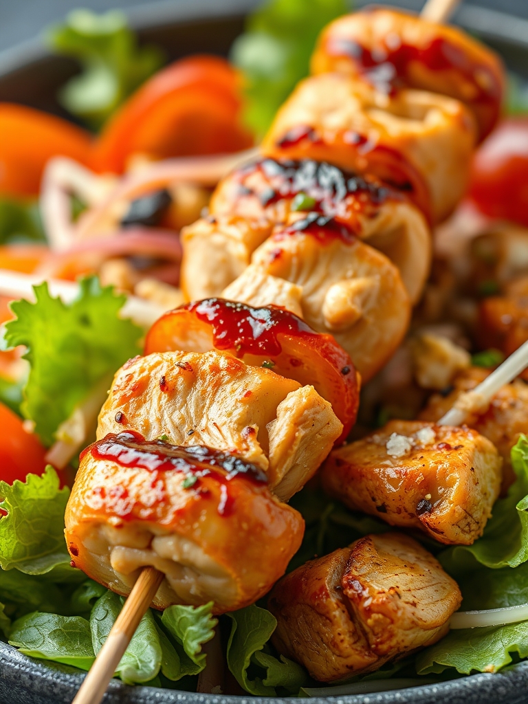 ingredients for BBQ Chicken Skewer Salad including chicken, bell peppers, cherry tomatoes, and mixed greens