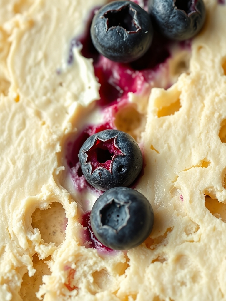 Ingredients for blueberry cream cheese bread including flour, blueberries, cream cheese, and eggs.