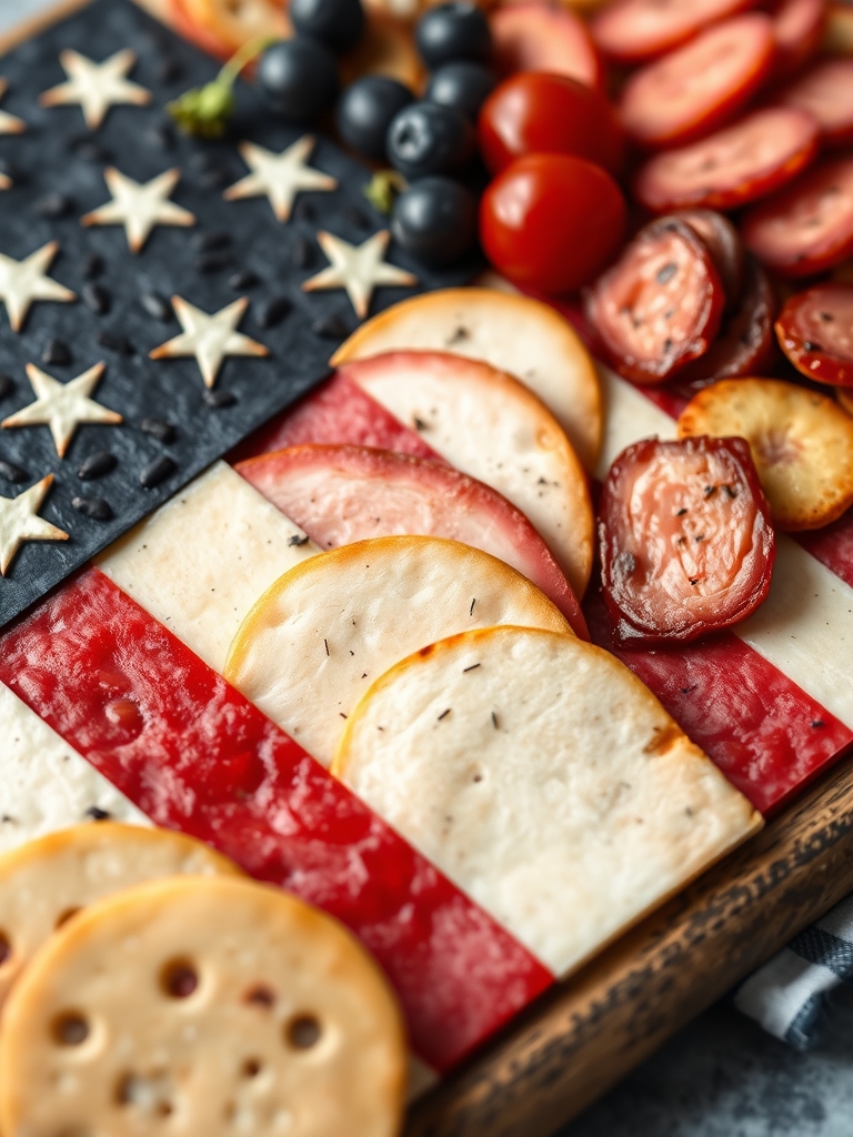 A colorful and festive American flag charcuterie board showcasing strawberries, blueberries, and various cheeses arranged in the shape of the flag.