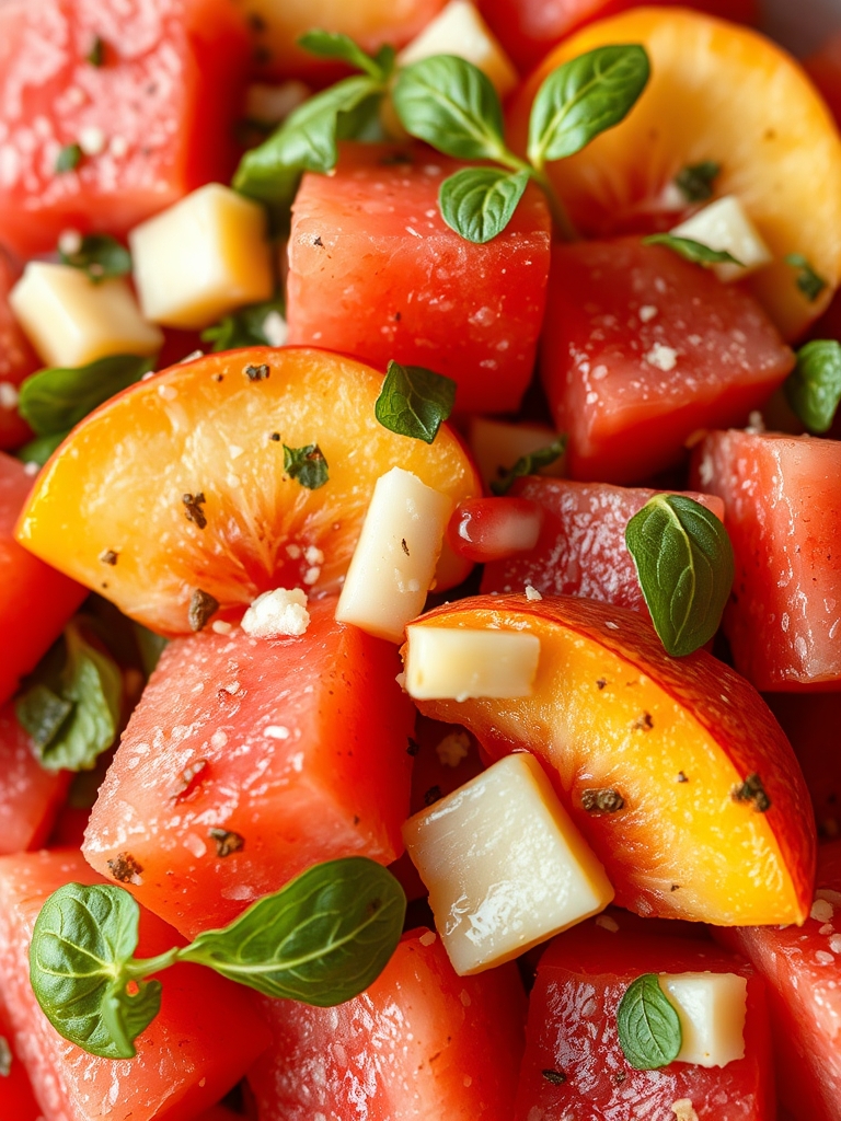 A vibrant bowl of sliced peaches, watermelon, and fresh mint for a refreshing salad