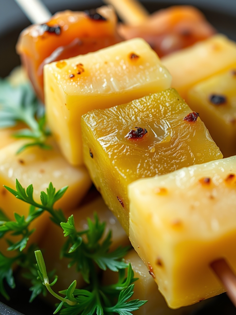 A colorful display of ingredients for Hawaiian Ham and Pineapple Skewers including ham, pineapple chunks, bell pepper, and skewers.