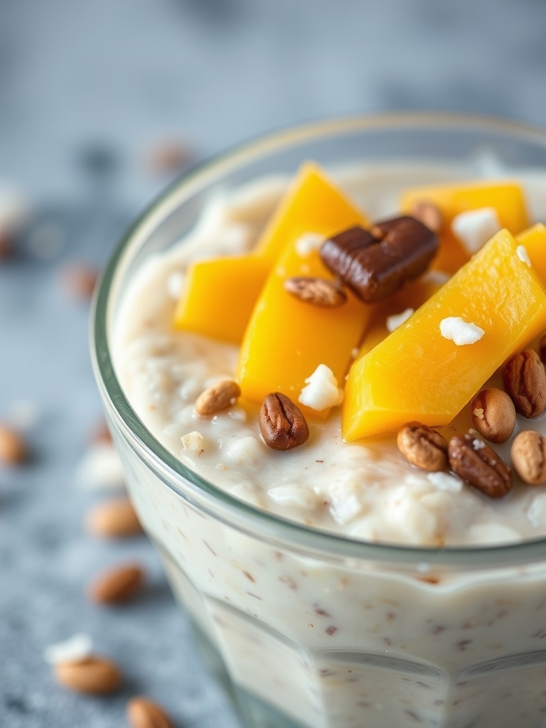 a collection of ingredients for mango coconut overnight oats including oats, coconut milk, mango, chia seeds, and shredded coconut