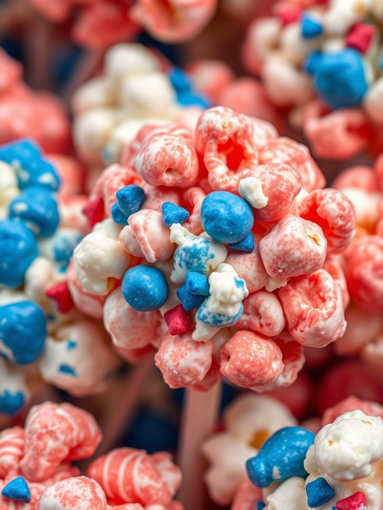 Patriotic Popcorn Pops: 5 Fun Ways to Make Festive Party Treats 3 Ingredients for Patriotic Popcorn Pops including popcorn, chocolate, candy melts, and sprinkles