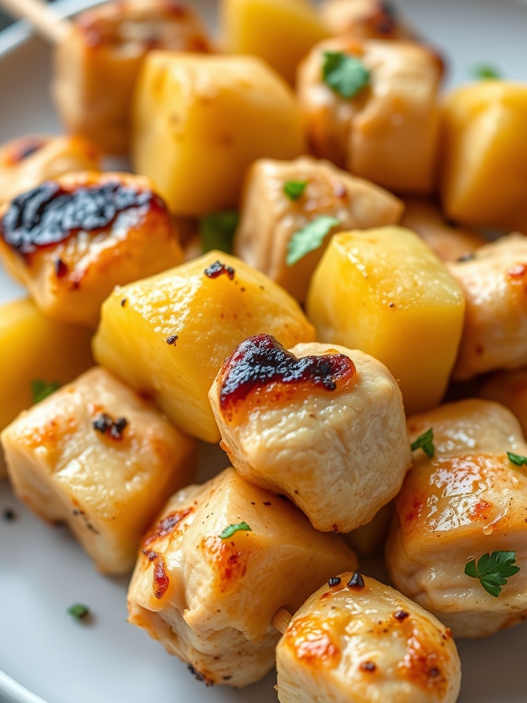 A colorful display of ingredients for Pineapple Chicken Kabobs including chicken, pineapple, bell peppers, and seasoning