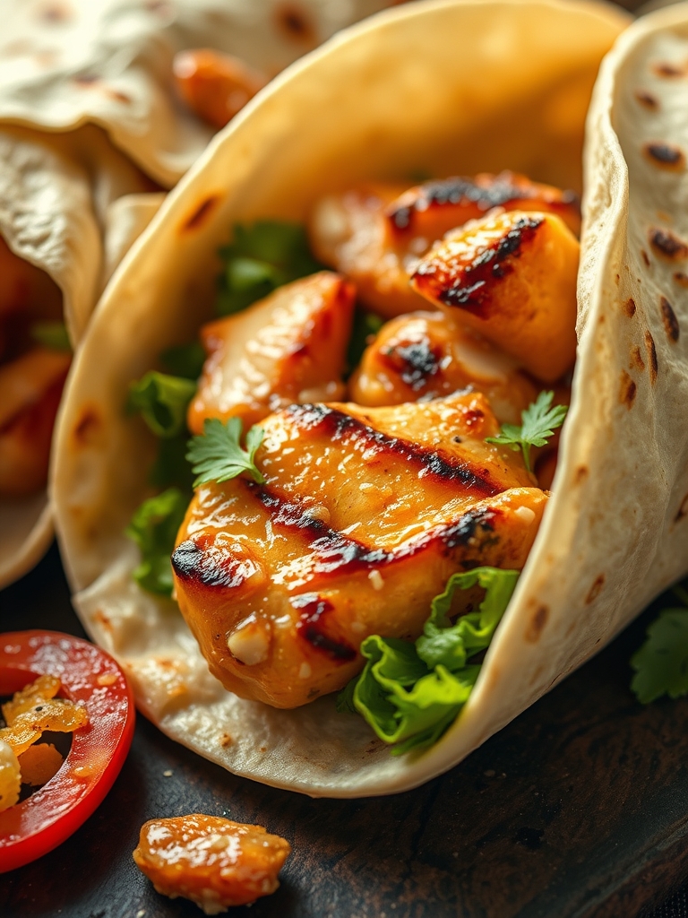 Ingredients for Tasty Grilled Chicken Wraps including chicken, tortillas, veggies and sauces